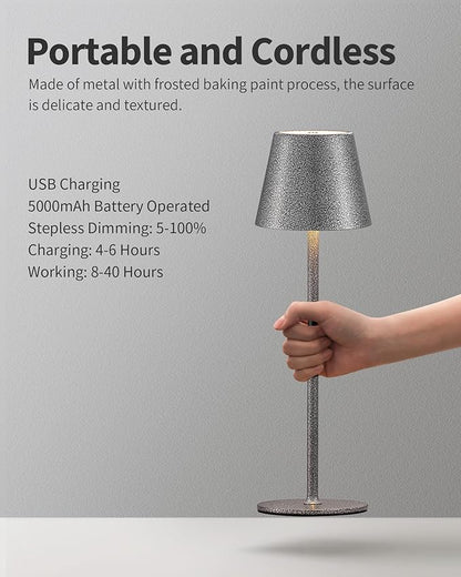 Cordless Rechargeable Table Lamp Set of 2, 5000mAh Battery Powered LED Desk Lamps, 3 Color Stepless Dimming Up, Portable Table Light Lamp for Bedroom Restaurant Outdoor (Mottled Silver) - LeafyLoom