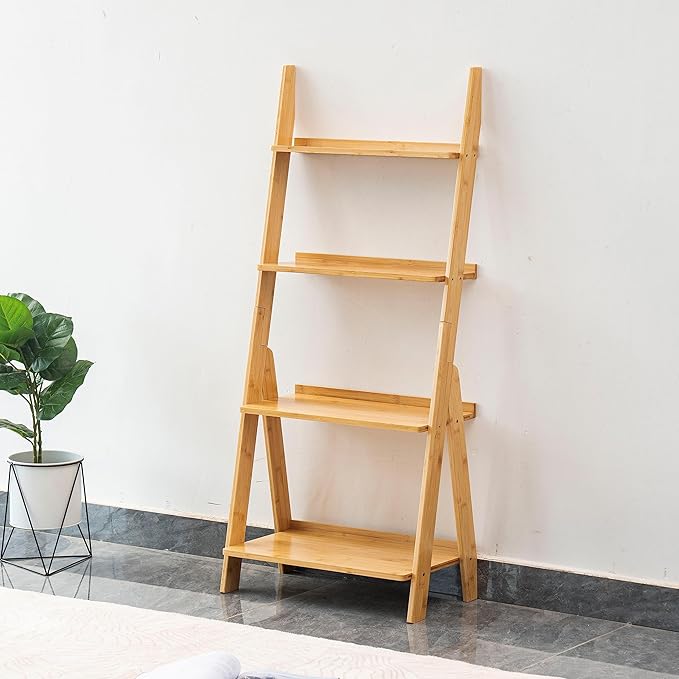 DOUSY- 4-Tier Bamboo Ladder Shelf Ladder Bookshelf Plant & Flower Stand Bookcase, Freestanding Storage Rack Organizer Display Shelf for Living Room, Home Office, Bedroom, Balcony, Natural Wood - LeafyLoom