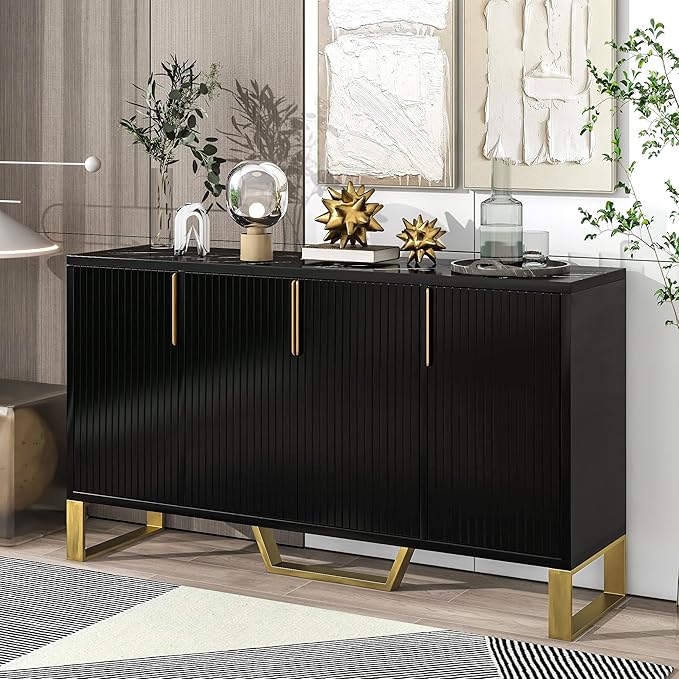 60" Modern Sideboard Buffet Cabinet with Four Doors,Metal Handles & Legs,Multifunctional MDF Storage Cupboard,W/Adjustable Shelves,for Hallway,Entryway Passage,Bedroom,Black - LeafyLoom