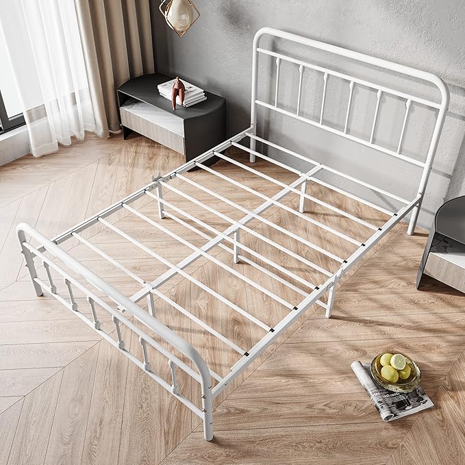 Vintage Full Size Bed Frame with Headboard and Footboard Mattress Heavy Duty Metal Platform Bed Frame Steel Slat Support (Full, White) - LeafyLoom