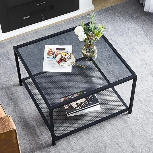 SAYGOER Coffee Table with Storage Modern Glass Coffee Tables Square Industrial Simple Center Table for Living Room Home Office Small Space 27.6 x 27.6 x 17.7 Inches Easy Assembly Gray Black - LeafyLoom