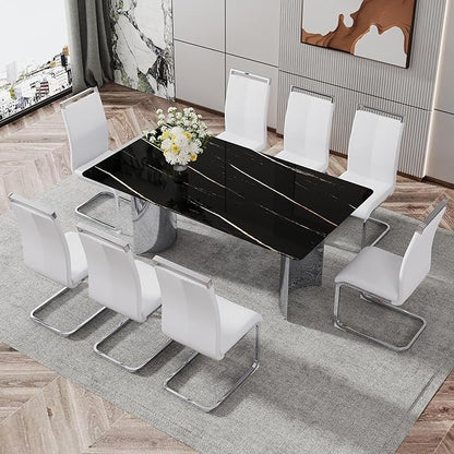 NicBex Modern Minimalist Dining Table Black Imitation Marble Glass Desktop is Equipped with Silver Metal Legs Suitable for Restaurants and Living Rooms, Black + Silver - LeafyLoom