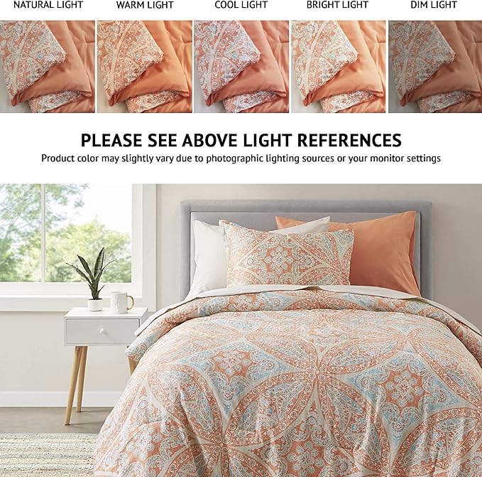 Comfort Spaces Bed in A Bag - Trendy Casual Design Cozy Comforter with Complete Sheet Set with Side Pocket, All Season Cover, Matching Shams, Twin(66"x90"), Gloria, Damask Coral 6 Piece - LeafyLoom