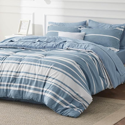 Bedsure Full Size Bed Sets 7 Pieces - Blue Striped Beddubg All Season Comforter Set, Bed in a Bag with 1 Comforter, 2 Sheets, 2 Pillowcases & 2 Shams - LeafyLoom