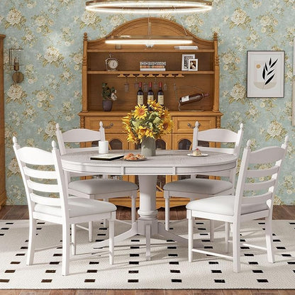 Dining Table Set for 4 Person, 5 Pieces Kitchen Table&Chairs Including Round Extendable Diningtable and Four Upholstered Chairs, Wood Grain Tabletop, Ladder Backrest, Solid Wood Rubber Legs - LeafyLoom