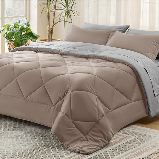 Bedsure Taupe Full Size Comforter Set - 7 Pieces Reversible Full Bed in a Bag Full Bed Set with Comforters, Sheets, Pillowcases & Shams, Full Bedding Sets - LeafyLoom