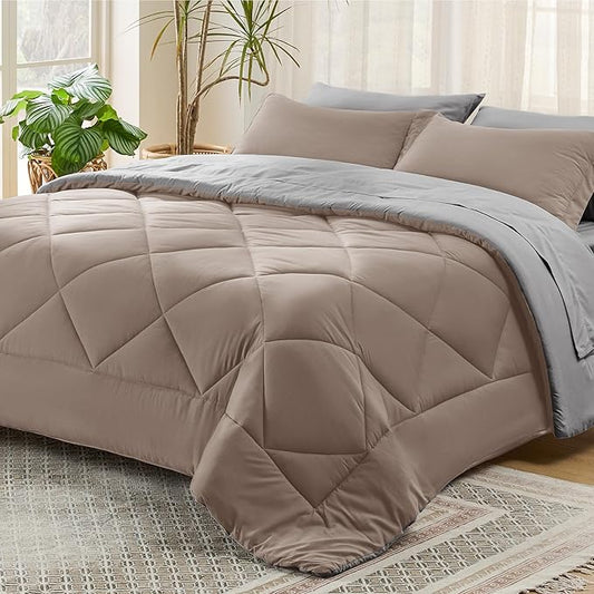 Bedsure Taupe King Size Comforter Set - 7 Pieces Reversible King Bed in a Bag King Bed Set with Comforters, Sheets, Pillowcases & Shams, King Bedding Sets - LeafyLoom