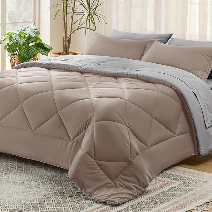 Bedsure Taupe Queen Comforter Set - 7 Pieces Reversible Queen Bed in a Bag Queen Bed Set with Comforters, Sheets, Pillowcases & Shams, Queen Bedding Sets - LeafyLoom