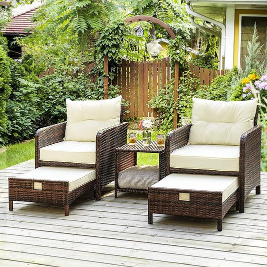 Pamapic 5 Pieces Wicker Patio Furniture Set Outdoor Patio Chairs with Ottomans Conversation Furniture with coffetable for Poorside Garden Balcony(Beige) - LeafyLoom