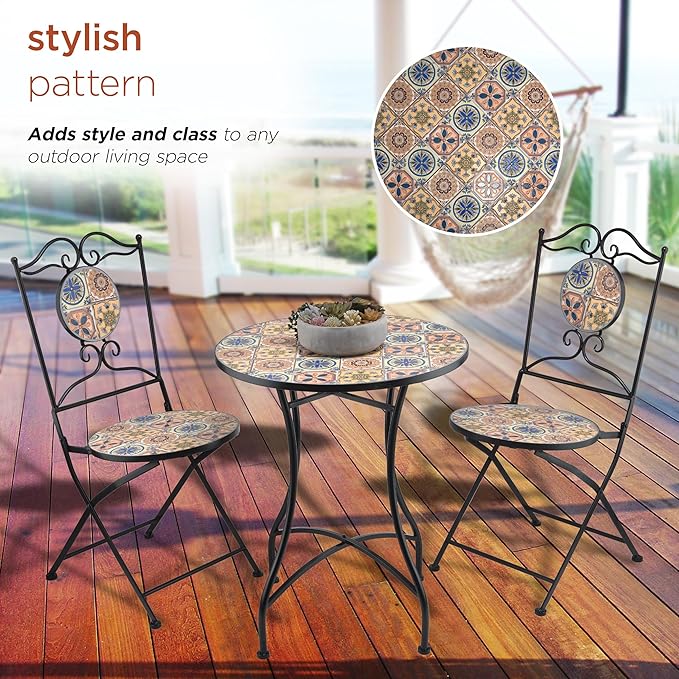 Alpine Corporation Indoor/Outdoor Mediterranean Tile Design Set Table and Chairs Patio Seating - LeafyLoom