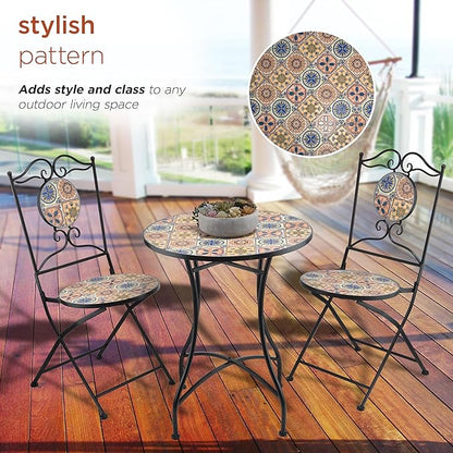 Alpine Corporation Indoor/Outdoor Mediterranean Tile Design Set Table and Chairs Patio Seating - LeafyLoom