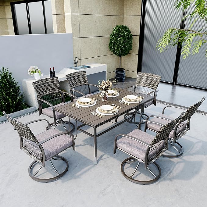 Pamapic 7 Piece Patio Dining Set for 6,Wicker Outdoor Furniture Set for Backyard Garden Deck Poolside with Iron Slats Table Top,6 Cushions Swivel Rocker Chairs,Removable Cushions(Gray) - LeafyLoom