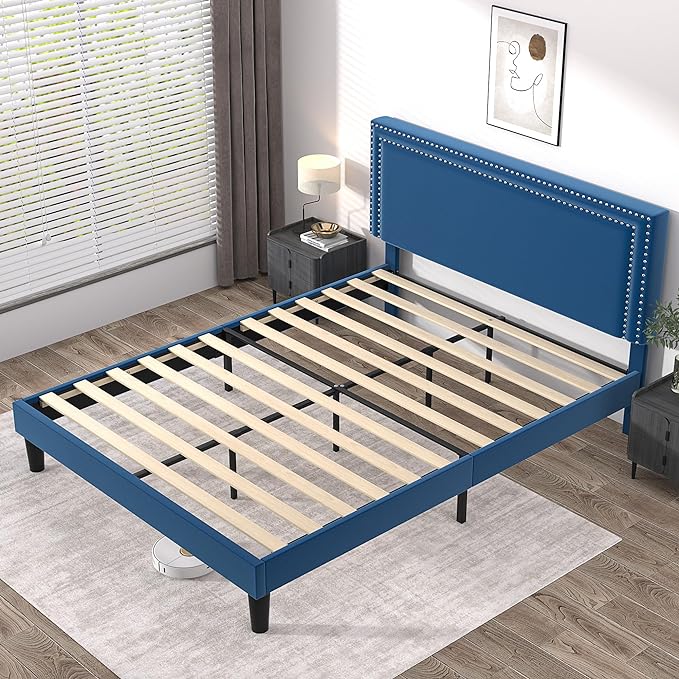 VECELO Full Size Platform Bed Frame with Height Adjustable Upholstered Headboard, Modern Mattress Foundation,Strong Wood Slat Support, No Box Spring Needed, Easy Assembly - LeafyLoom