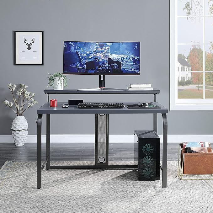 OSP Home Furnishings Reload Gaming Desk with Wireless Charging, USB Power Hub, and Remote Controlled RGB LED Lights, Matte Grey Carbon Fiber - LeafyLoom