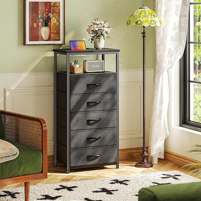 5 Drawers Dresser with Charging Station, Dresser for Bedroom, Tall Night Stand, Chest of Drawers with Open Shelf, Bedside Table Nightstand, Fabric Dresser Storage Drawers, for Entryway, Black - LeafyLoom