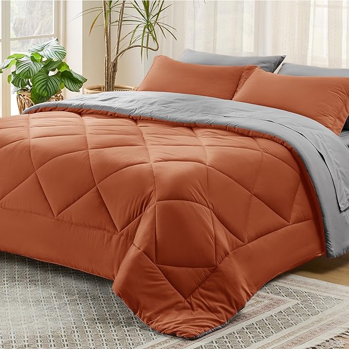 Bedsure Burnt Orange Full Size Comforter Set - 7 Pieces Reversible Full Bed in a Bag Full Bed Set with Comforters, Sheets, Pillowcases & Shams, Full Bedding Sets - LeafyLoom