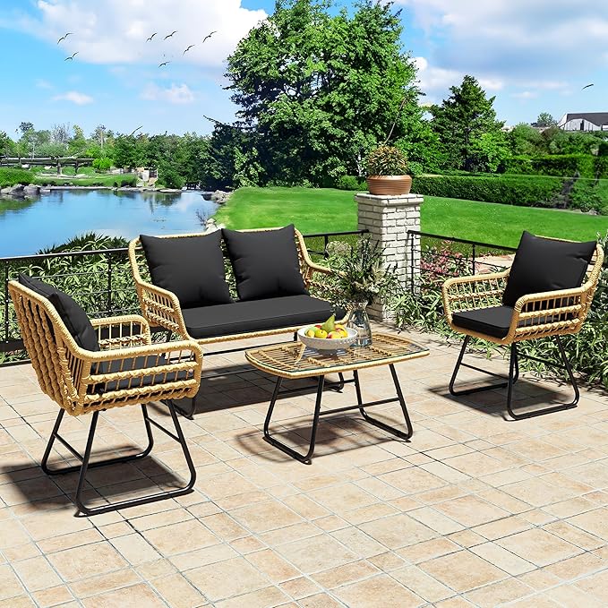 YITAHOME Patio Furniture Wicker Outdoor Bistro Set, 4-Piece All Weather Patio Furniture Rattan Conversation Loveseat Sets for Backyard, Balcony and Deck, Light Brown+Black - LeafyLoom