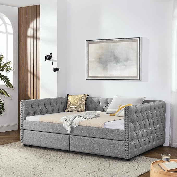 RITSU Full Size Upholstered Daybed, Pull Out with Two Storage Drawers, Solid Wood Frame Sofa Bed, Tufted Buttons and Copper Nails On Square Arms, for Bedrooms, Apartments, 82.75, Grey-2 - LeafyLoom