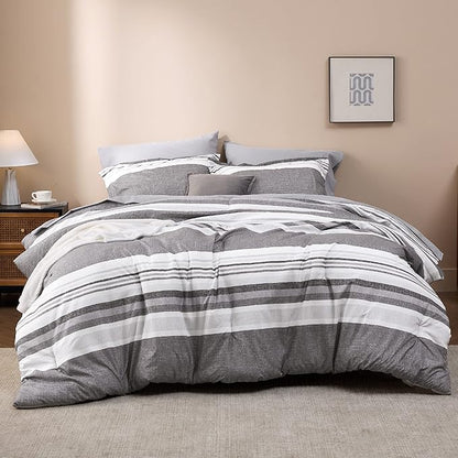 Bedsure Twin Comforter Set - 5 Pieces Grey White Striped Bedding Sets Twin Bed in A Bag with Comforters Twin Size, Sheets, Pillowcase & Sham, Bed Sets - LeafyLoom