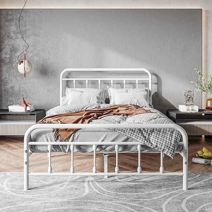 Vintage Full Size Bed Frame with Headboard and Footboard Mattress Heavy Duty Metal Platform Bed Frame Steel Slat Support (Full, White) - LeafyLoom