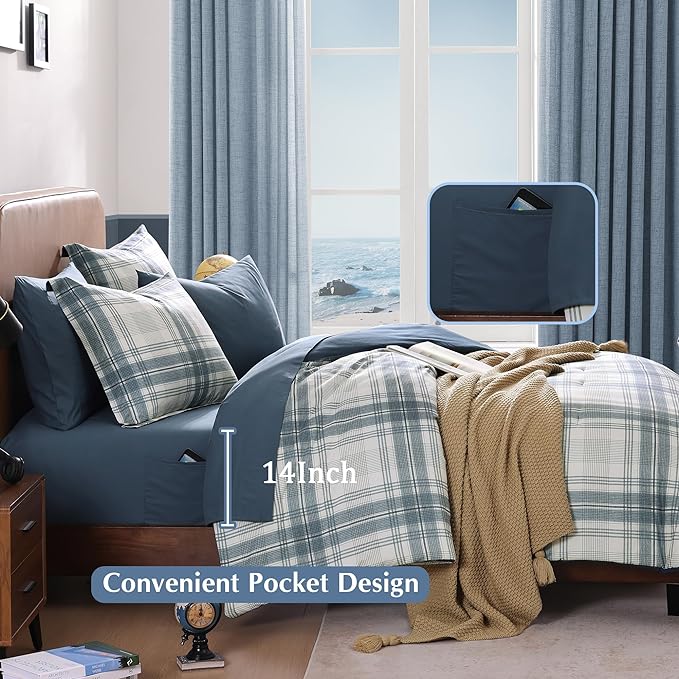 Blue Comforters Queen Size, Plaid Queen Bed Set for Boys & Girls,Classic Homestead-style Queen Size Comforter Sets with Sheets and Comforter Set - LeafyLoom