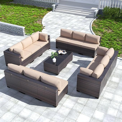 Kullavik 14PCS Outdoor Patio Furniture Set PE Wicker Rattan Sectional Sofa Patio Conversation Sets,Sand - LeafyLoom