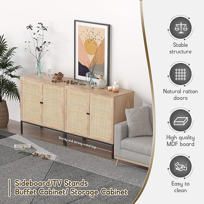 XIAO WEI Sideboard with Handmade Natural Rattan Woven Doors, Rattan Cabinet Console Table Storage Cabinet Buffet Cabinet, for Kitchen, Living Room, Hallway, Entryway-2 Pieces(Natural) - LeafyLoom