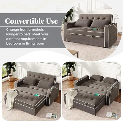 3 in 1 Multi-Functional Pull Out Sofa Bed , Linen Upholstered Convertible Sleeper Loveseat Couch Guest Daybed with Adjustable Backrest and Dual USB Charging Port for Living Room Office RV Furniture - LeafyLoom