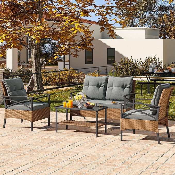 YITAHOME 4-Piece Patio Furniture Wicker Outdoor Bistro Set, All-Weather Rattan Conversation Loveseat Chairs for Backyard, Balcony and Deck with Soft Cushions and Metal Table (Light Brown+Gray) - LeafyLoom