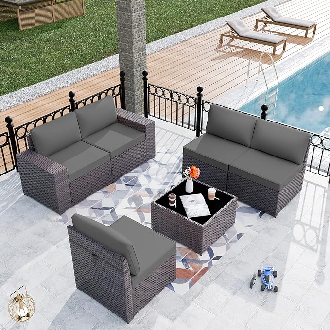 Patio Furniture Set Sofa 6-Piece Wicker PE Rattan Sectional Sofa Set, Outdoor Furniture Patio Conversation Set with Glass Coffee Table, Grey - LeafyLoom