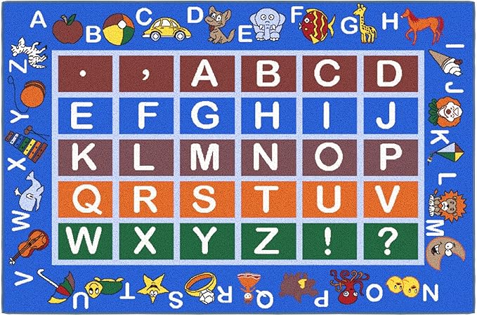 Machine Washable Educational Alphabet Design Non-Slip Rubberback 3x5 Kid's Area Rug for Playroom, Kid's Room, Bedroom, Kindergarten, 3'3" x 5', Blue - LeafyLoom