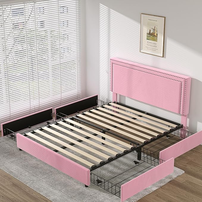 VECELO Queen Size Upholstered Platform Bed Frame with 4 Storage Drawers, Adjustable Velvet Rivets Headboard, Wooden Slats Support, No Box Spring Needed, Easy Assembly - LeafyLoom