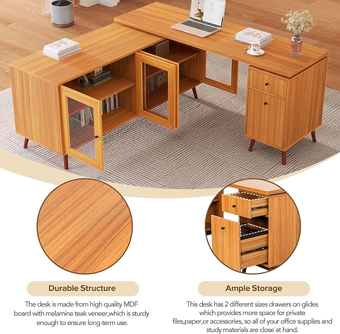 NicBex Laik-DW-00033-DX Desks, 66.53" W x 63.77" D x 30.31" H, Teak - LeafyLoom