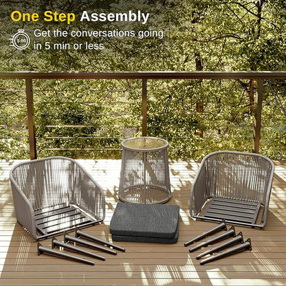 EAST OAK Breezeway Patio Furniture Set, 3-Piece Outside Bistro Set Handwoven Rattan Wicker Chairs with Waterproof Cushions, Tempered Glass Table, Outdoor Conversation Set, Light Grey & Dark Grey - LeafyLoom