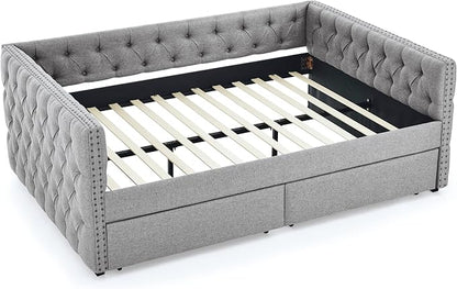 RITSU Full Size Upholstered Daybed, Pull Out with Two Storage Drawers, Solid Wood Frame Sofa Bed, Tufted Buttons and Copper Nails On Square Arms, for Bedrooms, Apartments, 82.75, Grey-2 - LeafyLoom