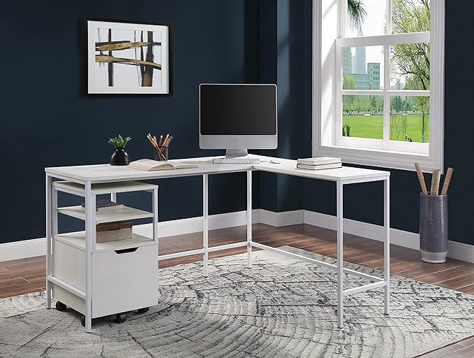 OSP Home Furnishings Contempo L-Shaped Desk, White - LeafyLoom