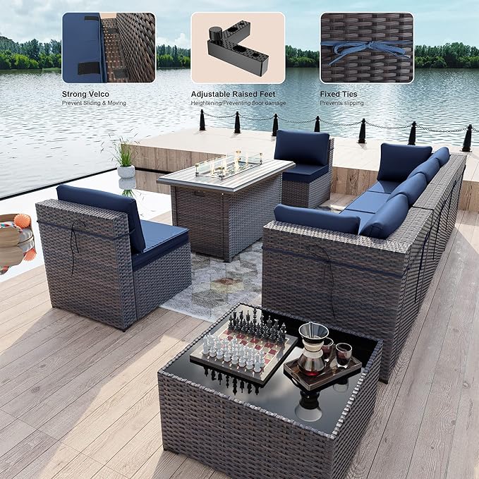 Kullavik 8 Pieces Outdoor Patio Furniture Set with 43" 55000BTU Gas Propane Fire Pit Table PE Wicker Rattan Sectional Sofa Patio Conversation Sets,Dark Blue - LeafyLoom