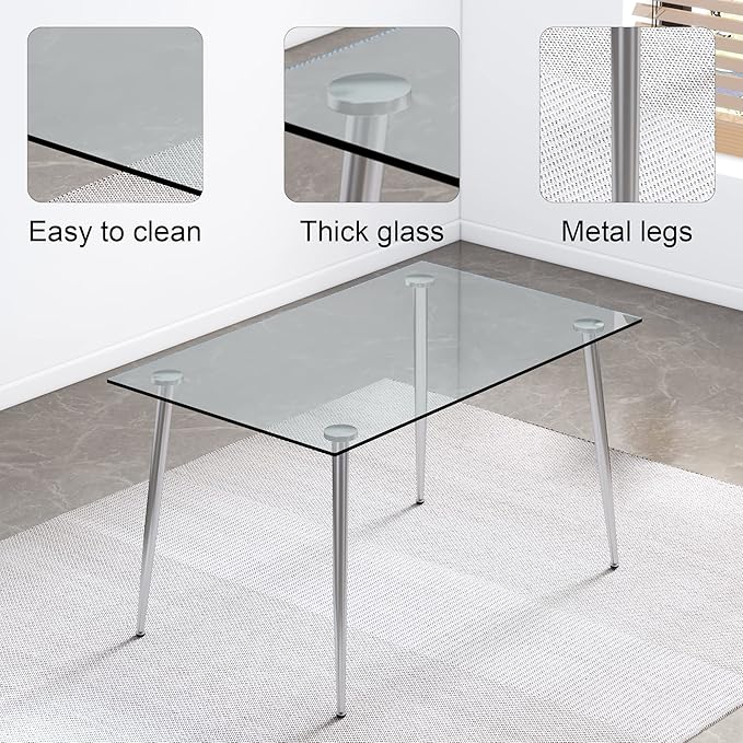 NicBex Modern Minimalist Rectangular Glass Dining Table for 4-6 with 0.31" Tempered Glass Tabletop and Silver Plating Metal Legs, Writing Table Desk, for Kitchen Dining Living Room, Transparent - LeafyLoom