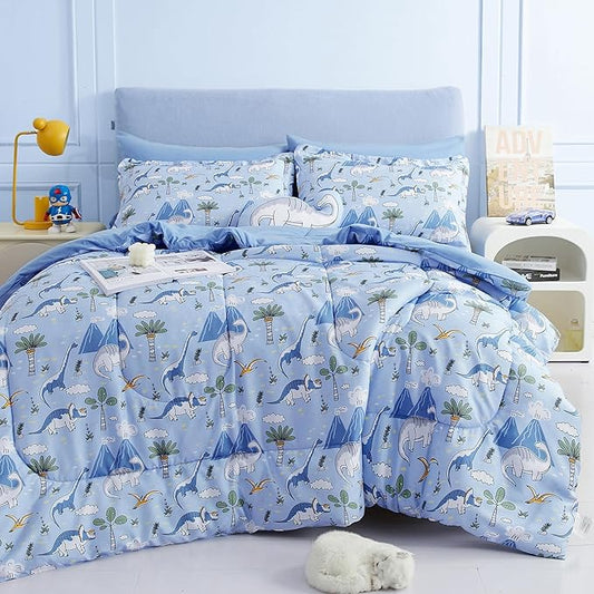 Mooreeke Kids Comforter Bed Set Twin Size for Boys, 6 Pieces Bed in a Bag with Shams, Sheet Set and 1 Decorative Toy Throw Pillow, Dinosaur Blue Super Twin Soft Microfiber Kids Comforter Bedding Set - LeafyLoom