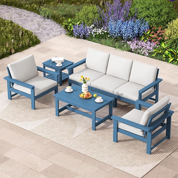 SERWALL HDPE Patio Coversation Set, 7-piece Outdoor Sectional Sofa Set, All Weather Patio Couch Set Patio Furniture for Balcony, Deck, Navy Frame with Khaki Cushion - LeafyLoom