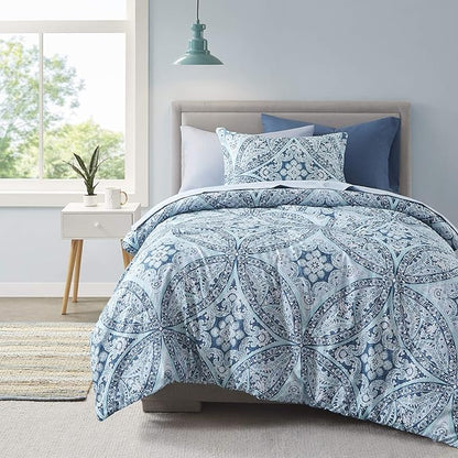 Comfort Spaces Bed in A Bag - Trendy Casual Design Cozy Comforter with Complete Sheet Set with Side Pocket, All Season Cover, Matching Shams, Twin(66"x90"), Gloria, Damask Blue 6 Piece - LeafyLoom