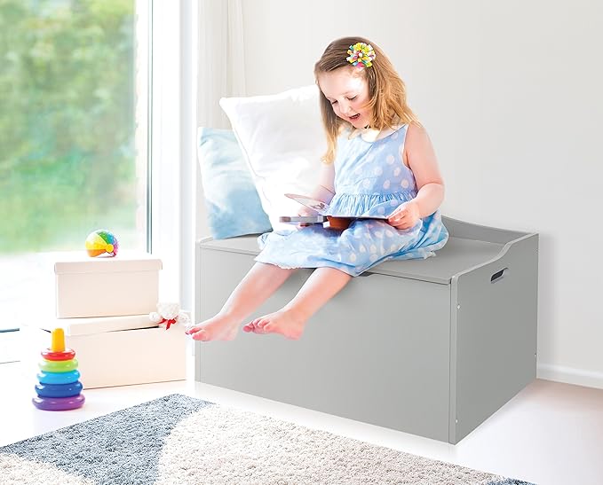 Badger Basket Kid's Wooden Toy Box and Storage Bench Seat with Safety Hinge - Gray - LeafyLoom