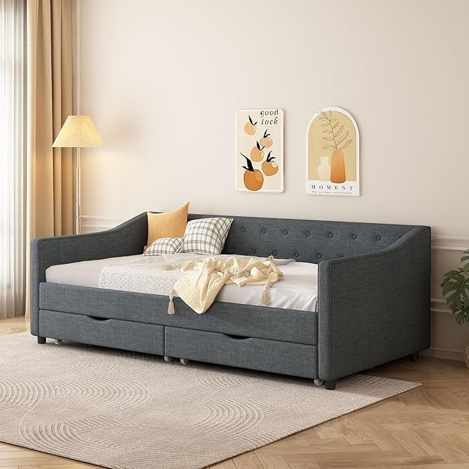 Twin Size Daybed with 2 Drawers, Upholstered Tufted Sofa Bed with Button on Back and Piping on Waved Shape Arms for Bedroom, Apartment, Living Room, Wooden Slats Support, Dark Grey - LeafyLoom