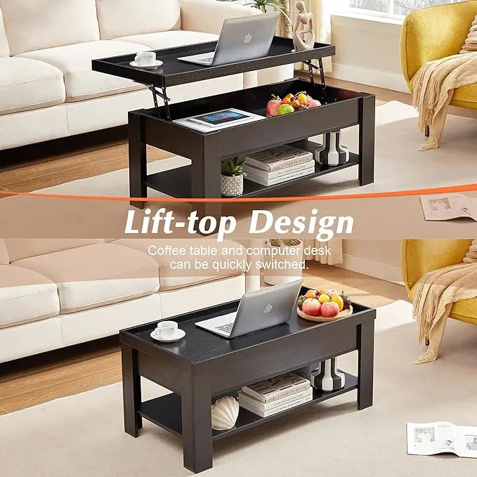 VECELO Lift Top Coffee Table with Storage Shelf and Hidden Compartment for Living Room/Office Reception, Black - LeafyLoom