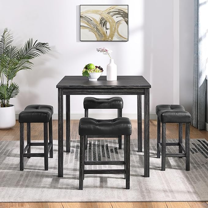 5 Piece Industrial Bistro Dining Set, Square Breakfast Table + 4 Upholstered Stools, for Living, Small Apartment, Kitchen, Farmhouse, Game Room, Black - LeafyLoom