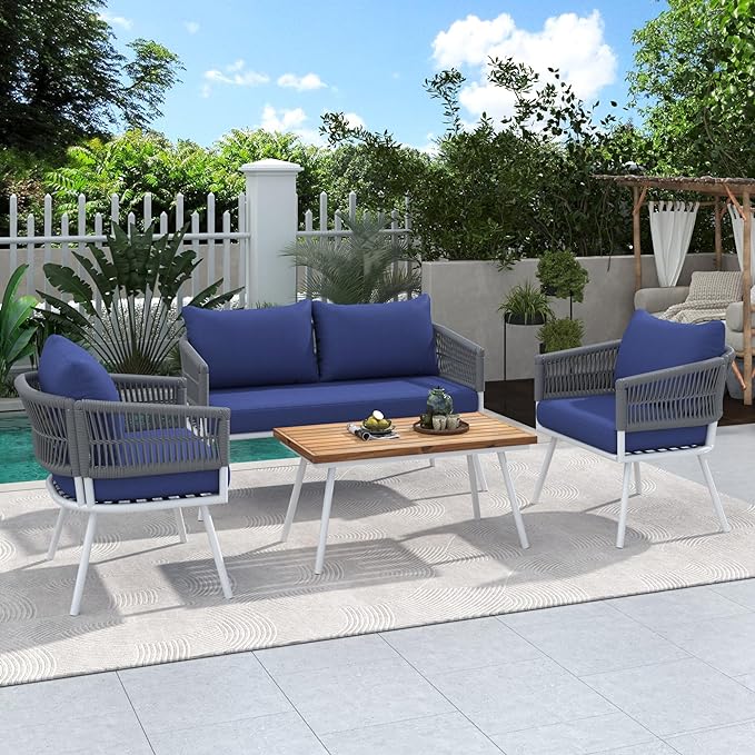 4-Piece Outdoor Patio Furniture Boho Rope Weave Set, Conversation Loveseat Sofa&Chairs with Acacia Wood Table and Thick Cushions, for Garden Backyard Balcony, Onesize, Navy Blue - LeafyLoom