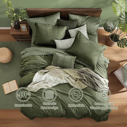 Monbix Full Size Comforter Set, Olive Green Bedding Comforter for Full Size Bed Set Reversible, Bedding Sets Full 7 Pieces, Cationic Dyeing Bed in a Bag with Comforter, Sheets, Pillowcases & Shams - LeafyLoom