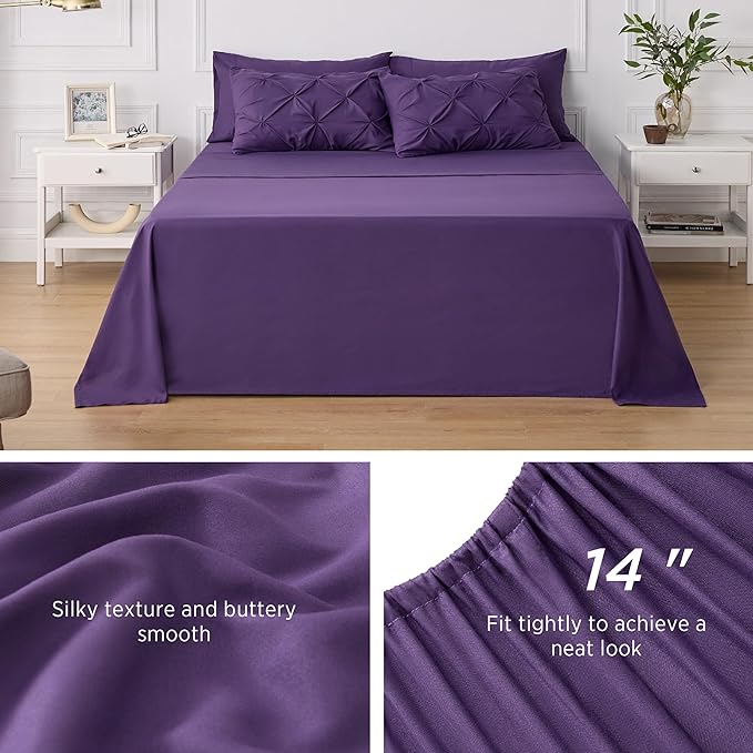 Bedsure King Size Comforter Set - Bedding Set King 7 Pieces, Pintuck Bed in a Bag Purple Bed Set with Comforter, Sheets, Pillowcases & Shams - LeafyLoom