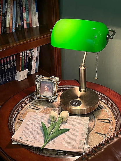 FIRVRE Bankers Lamp with2 USB and Wireless Charging Port，Pull Chain Switch Green Glass Desk Lamp， E26 Base,Traditional Library Desk Lamps for Home Office,Bedroom,Piano - LeafyLoom