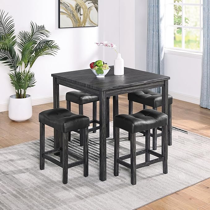 Home Kitchen 5 Piece Dining Set, Breakfast 4 Padded Stools, Industrial Bar Table & Chairs Furniture for Living Room, Apartment, Space-Saving Design, Black+Gray - LeafyLoom